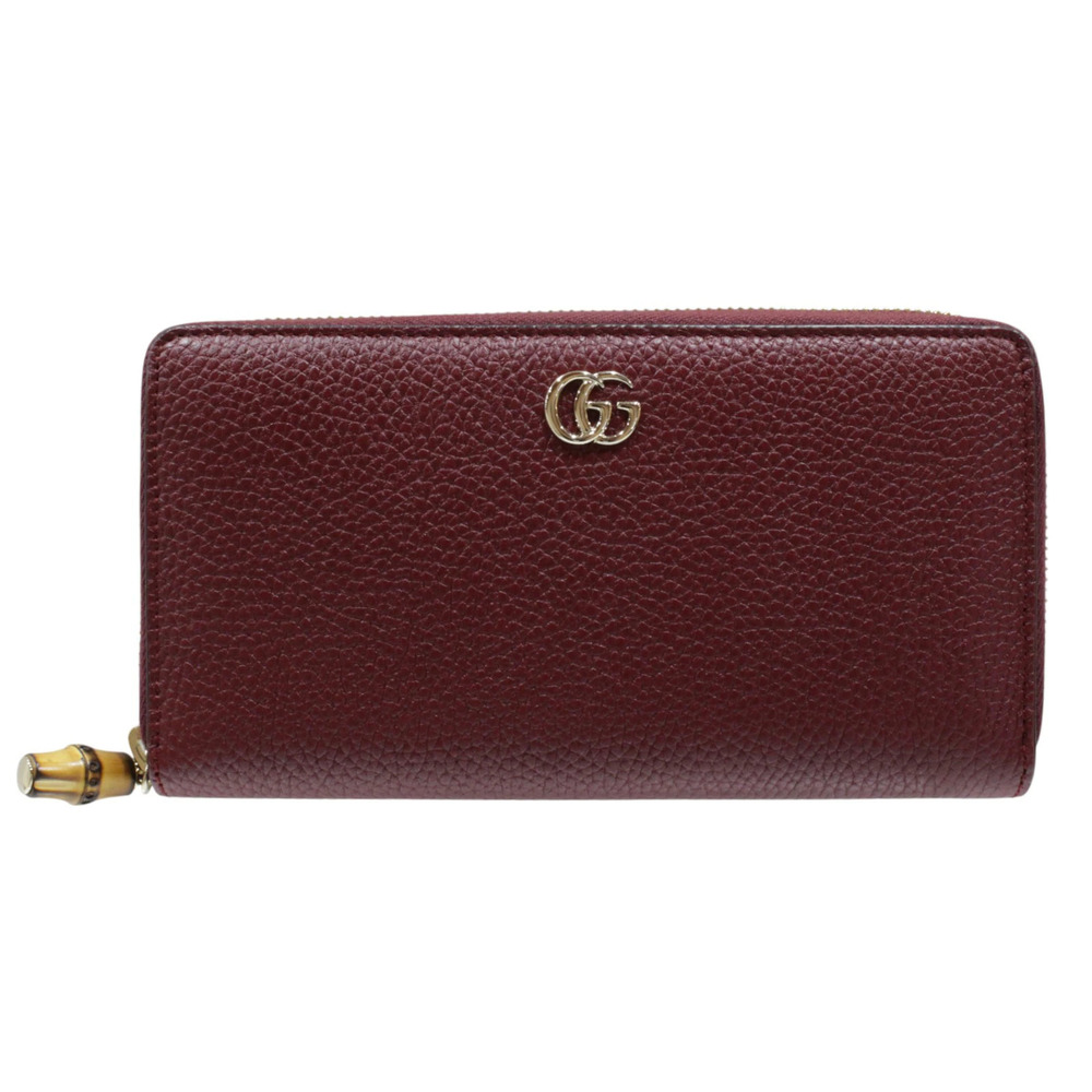 GUCCI Zip Wallet Bamboo Long Bordeaux Purple Red Leather GG Marmont